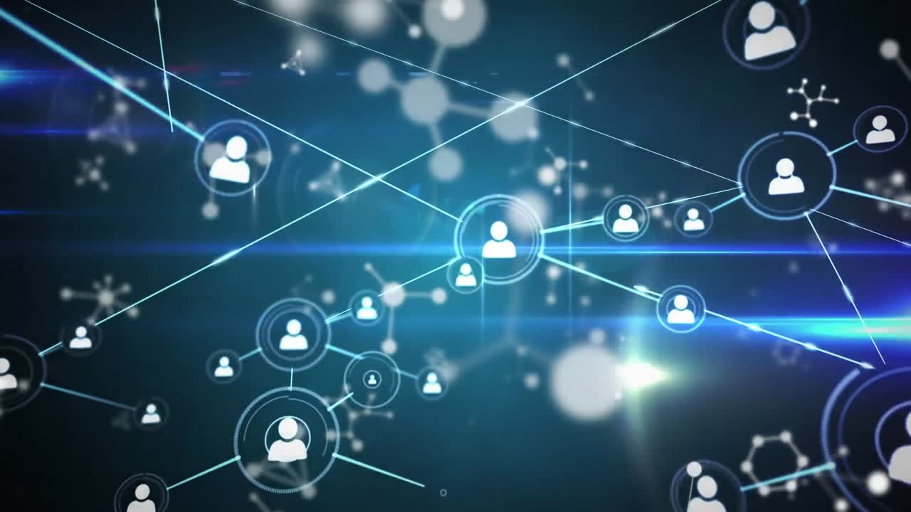 animación de moléculas y red de conexiones con iconos sobre fondo negro