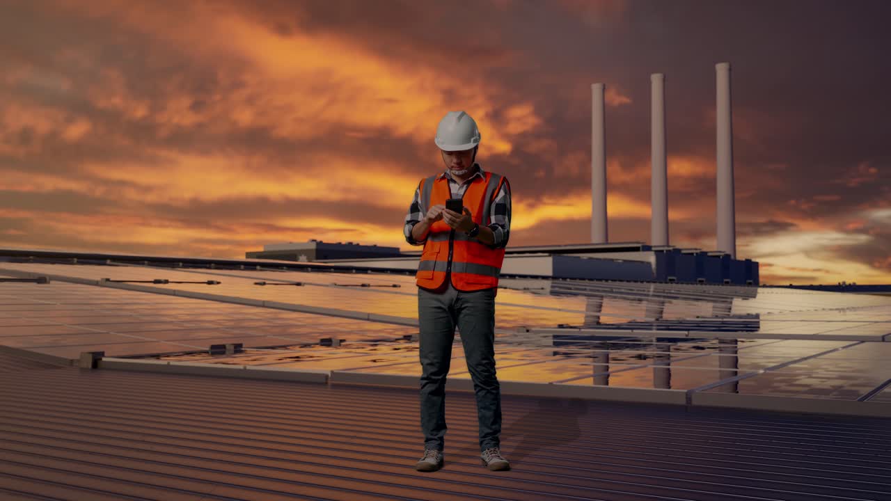 Full Body Of Asian Male Engineer With Safety Helmet Using Smartphone While Standing, Inspecting Solar Panels on Rooftop at Sunset
