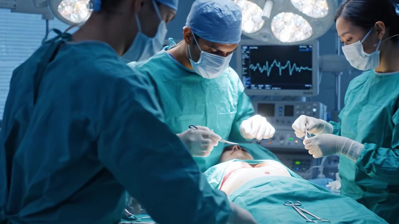 Kirurger udfører en kompleks kirurgisk procedure på en moderne operationsstue, ved hjælp af avanceret medicinsk teknologi til patientpleje og sikkerhed.