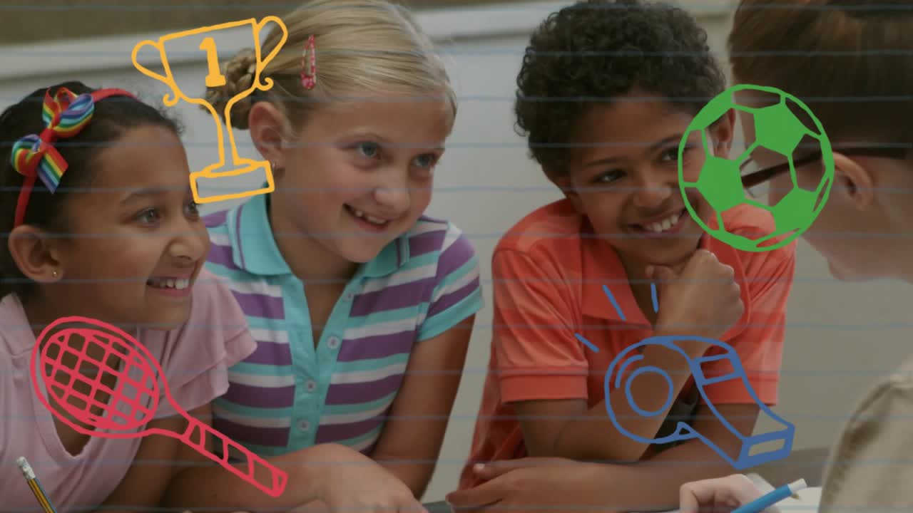 Adult starting writing on notepad, children leaning and pointing, sport doodles appearing, learning