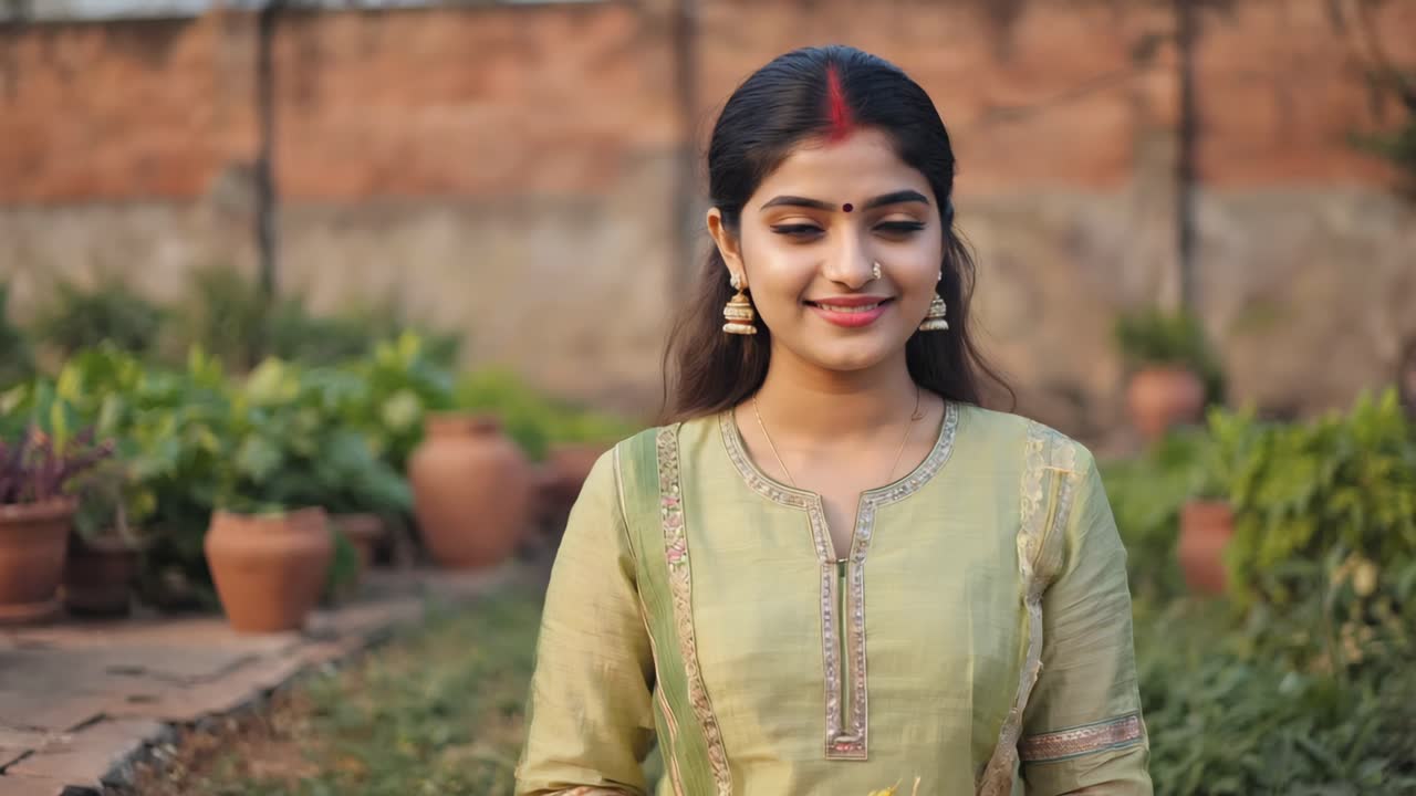 Beautiful young indian woman wearing traditional clothing and jewelry, smiling serenely in a peaceful garden with terracotta pots and lush plants, enjoying a moment of tranquility