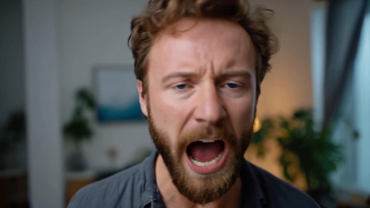 A man's emotional journey from rage to contemplation, showcasing the stark transformation of expression in two contrasting frames of intense feeling