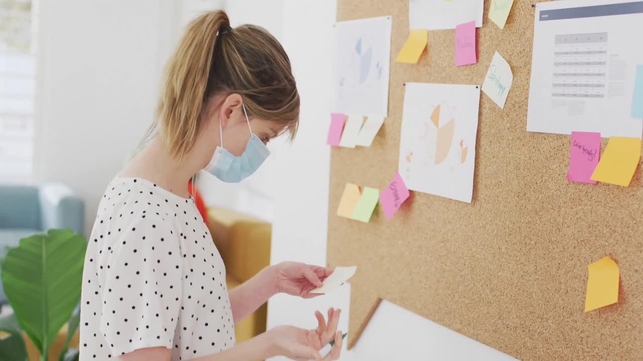 Woman wearing face mask writing on memo notes at office