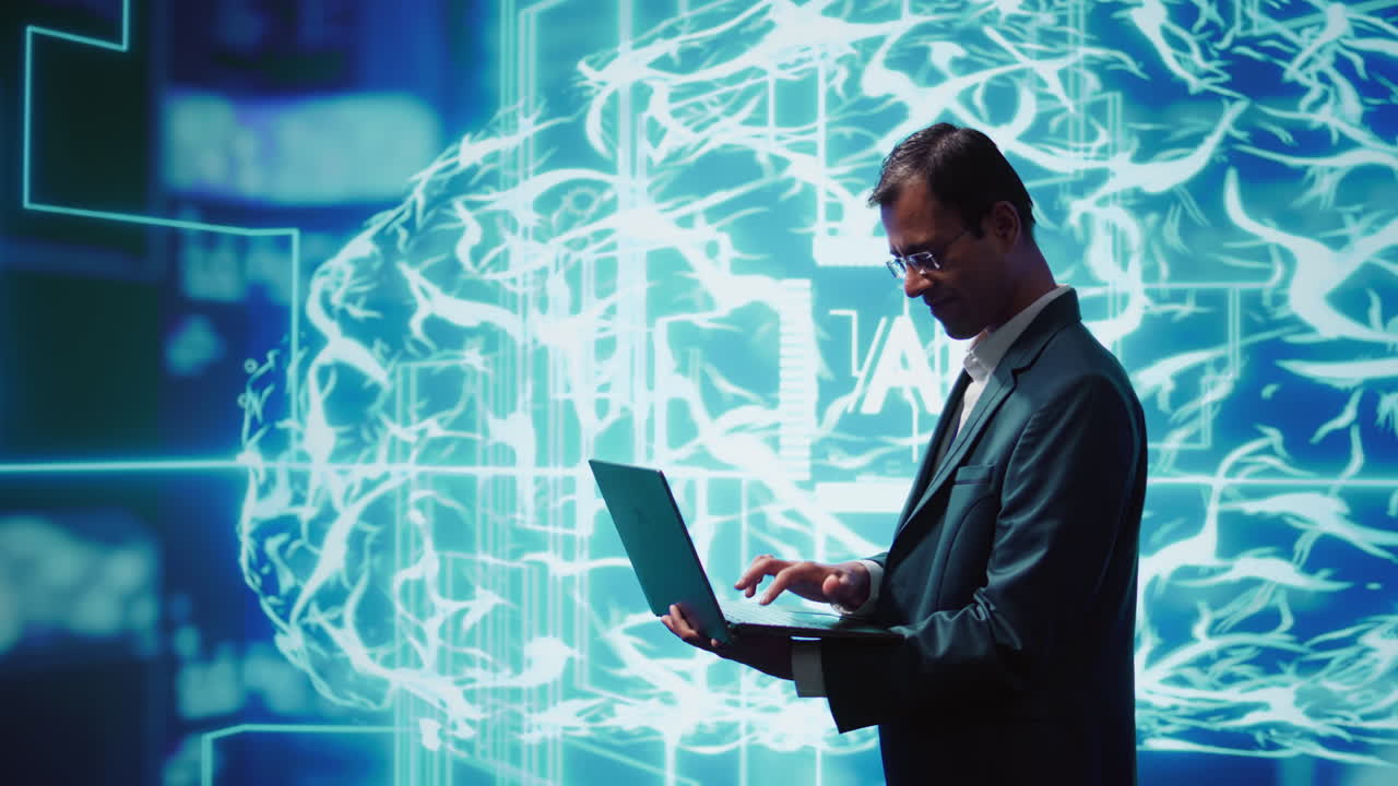 Computer scientist using laptop to implement artificial intelligence