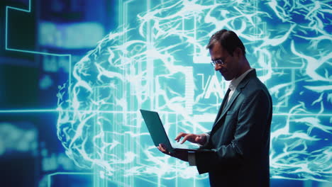 computer scientist using laptop to implement artificial intelligence