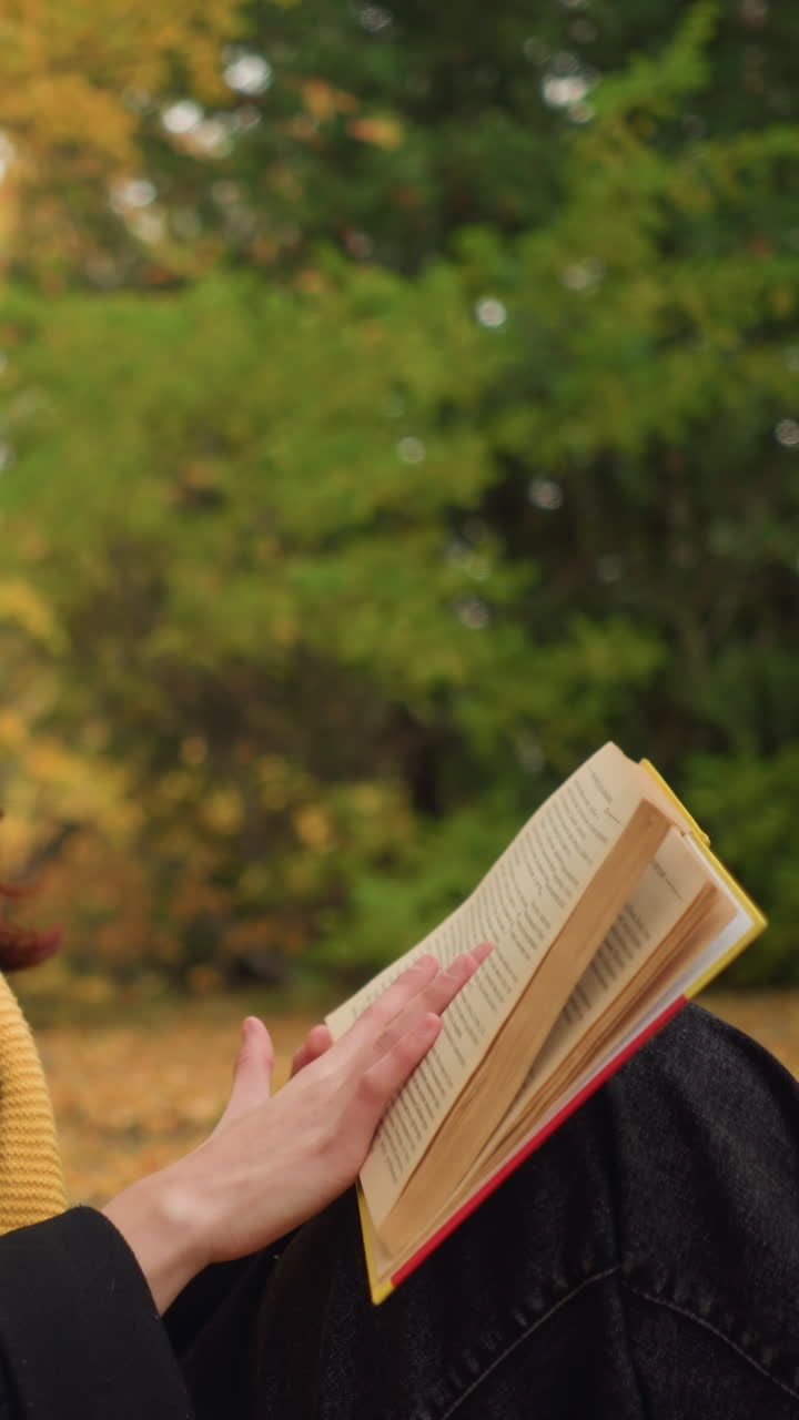 estudiante de secundaria se sienta en la soledad, inmersa en el libro, volviendo a la siguiente página en un entorno pacífico y lleno de naturaleza, rodeada de hojas de otoño, abraza la reflexión tranquila y el enfoque profundo