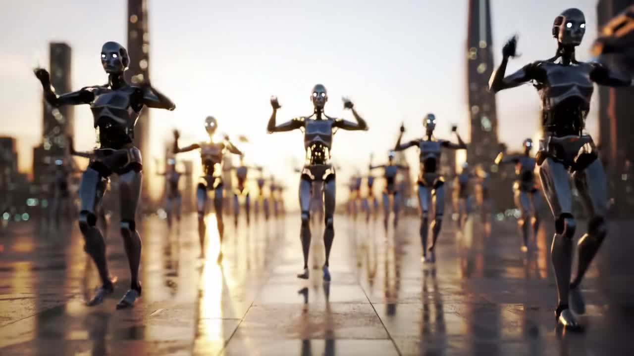 A Thrilling Assembly of Futuristic Robots Marching in Unison Against a Copper Sunset, Showcasing Advanced Technology and Autonomous Movement in an Urban Setting