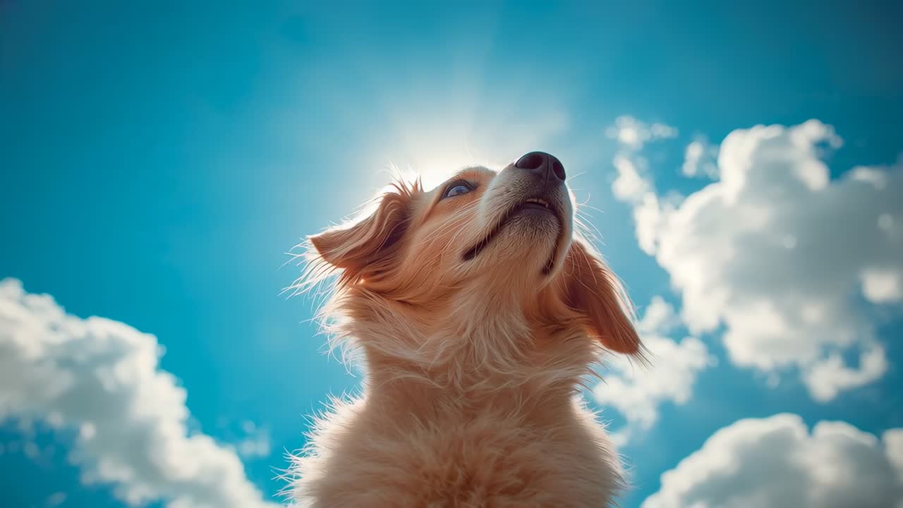 Işıklı kaplanmış, ağzını mavi gökyüzündeki arkadan aydınlatmalı güneşe doğru kaldıran, kenar aydınlatması parlaması gösteren köpek