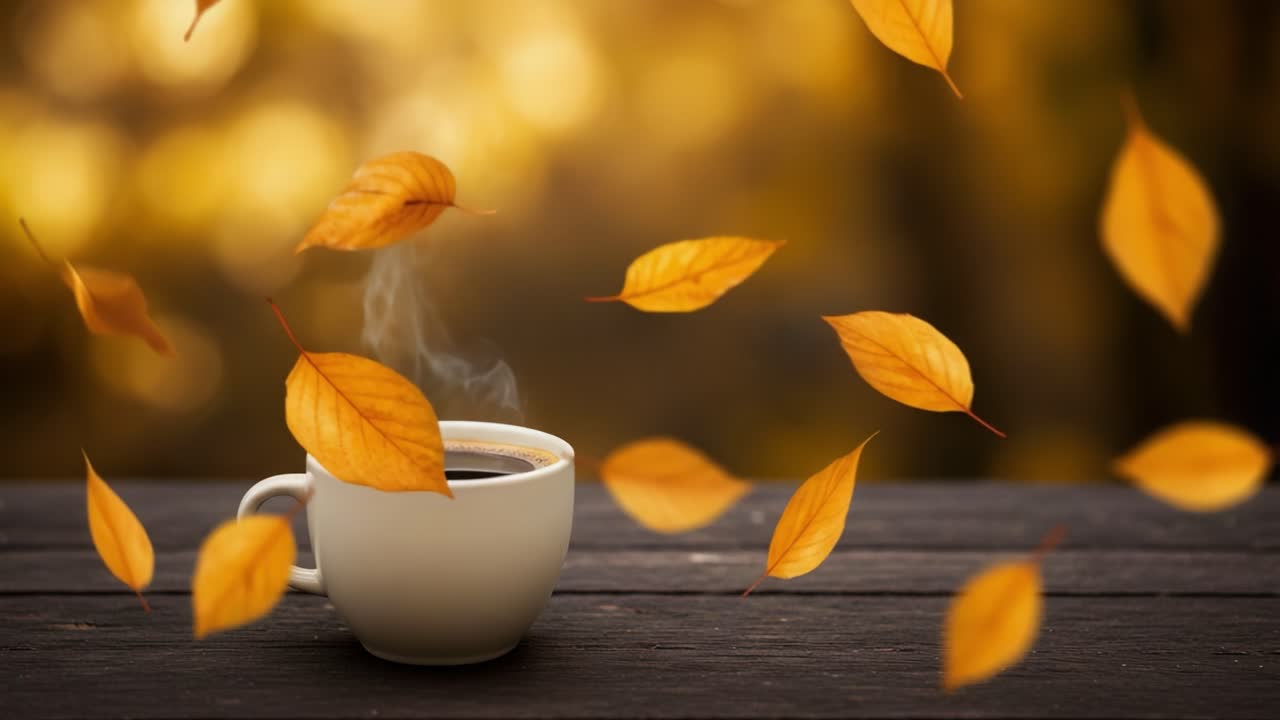 A cup of hot coffee surrounded by falling autumn leaves on a wooden table