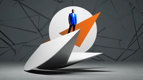 hombre en traje azul en plataformas geométricas