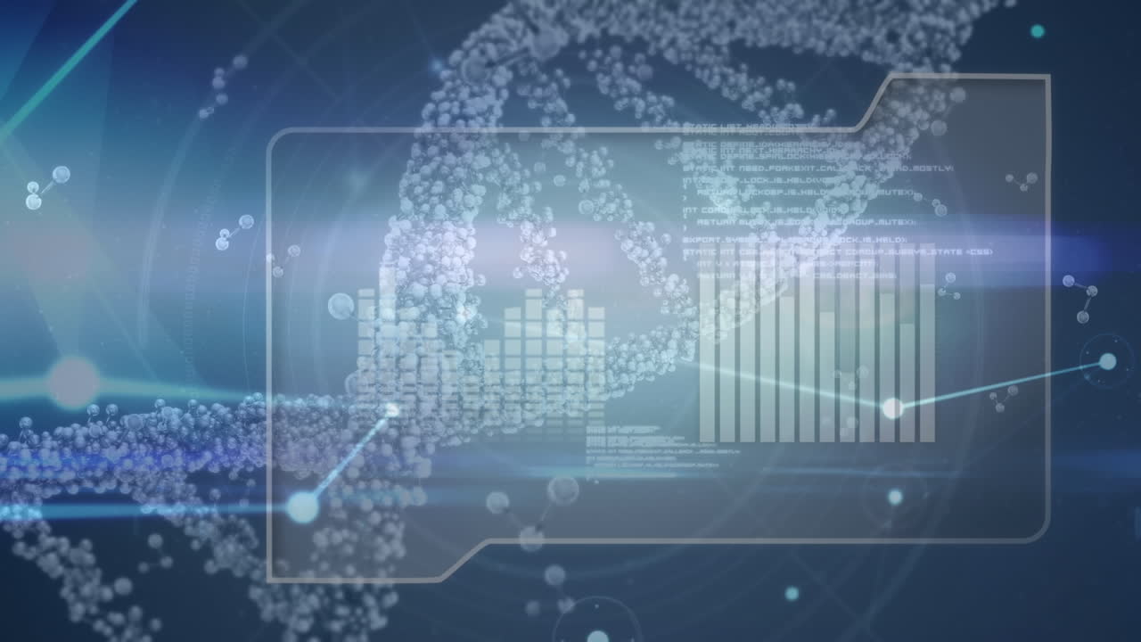 animación de la cadena de adn que gira sobre el procesamiento de datos científicos en fondo azul