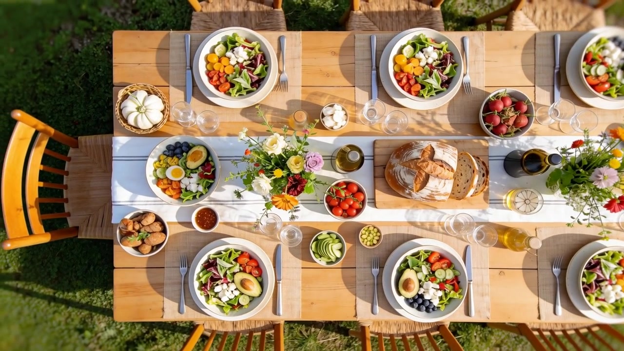 Panning camera showing set wooden table in garden, clip start revealing salads bread flowers