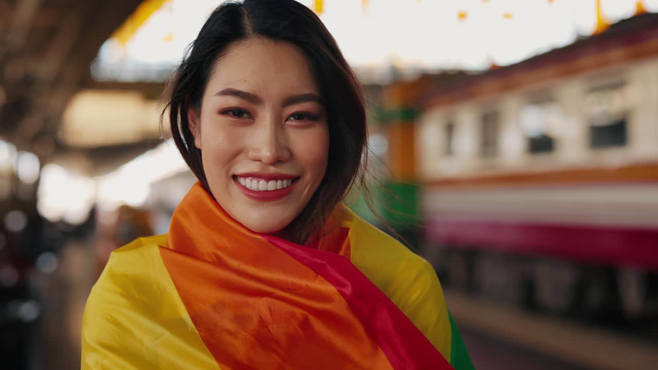 Woman at Train Station Wrapped in Rainbow Pride Flag