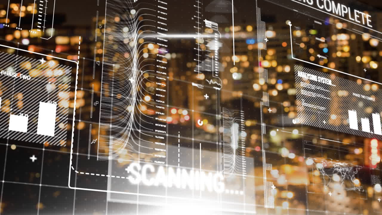 Animation of data processing over cityscape background