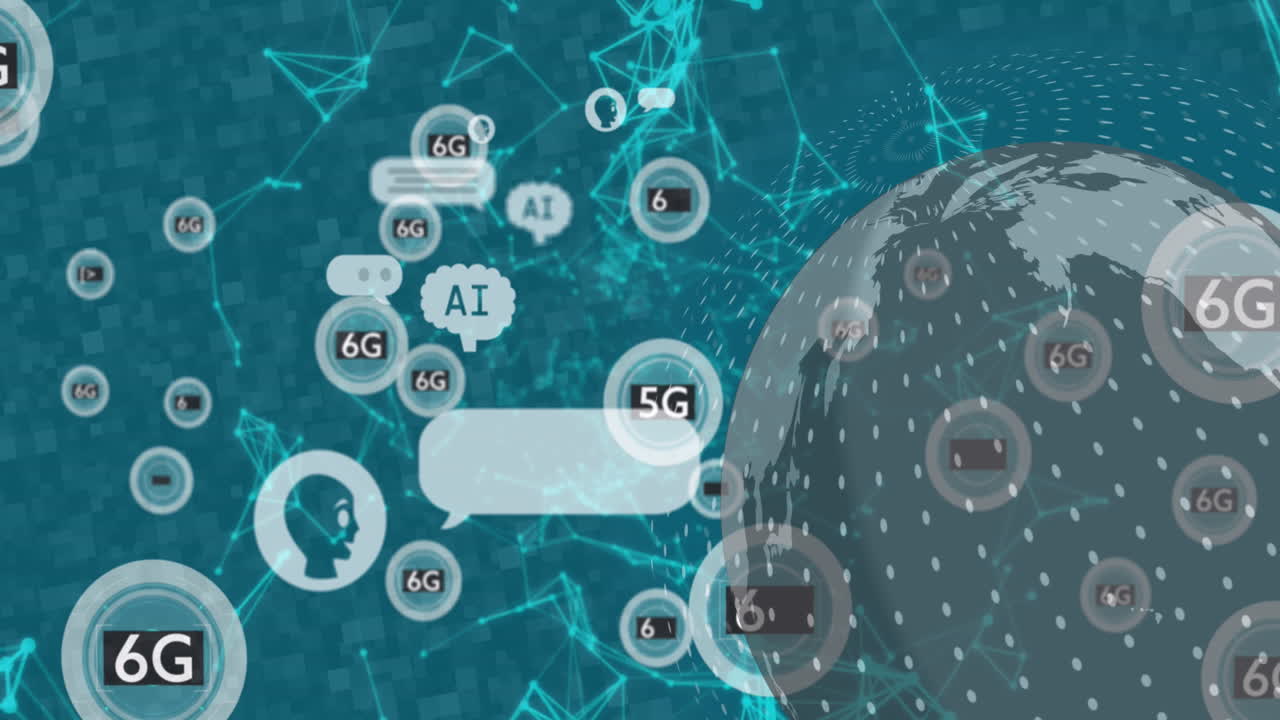 ai 데이터 프로세싱, 6g, 채팅 및 전 세계 아이콘의 애니메이션