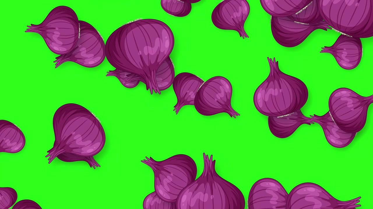 Cipolle viola stilizzate cadono continuamente in un ciclo senza interruzioni su uno schermo verde brillante