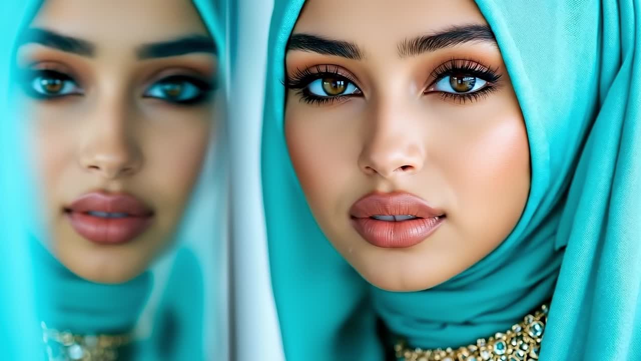 A woman wearing a blue headscarf and a gold necklace