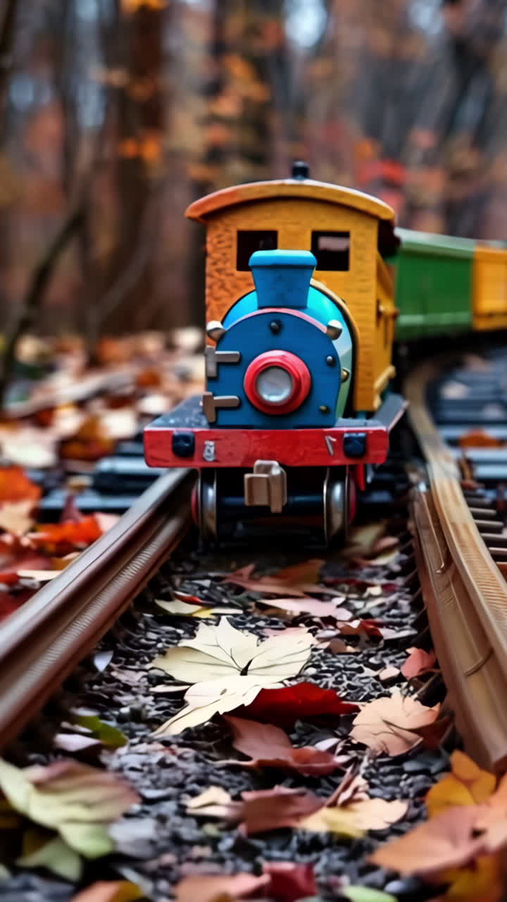 A train with a blue engine is on a track. The train is small and he is a toy