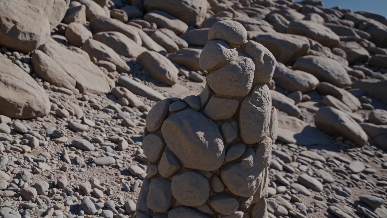 Small stones forming a figure, standing gracefully in a rocky landscape beneath a clear blue sky, creating a serene and artistic atmosphere that embodies natural beauty and tranquility