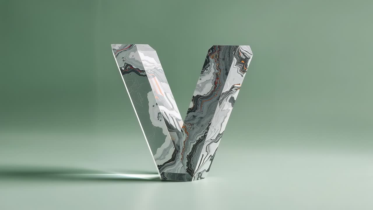 Starting animation showing faceted V sculpture rotating on green plane, revealing marble patterns