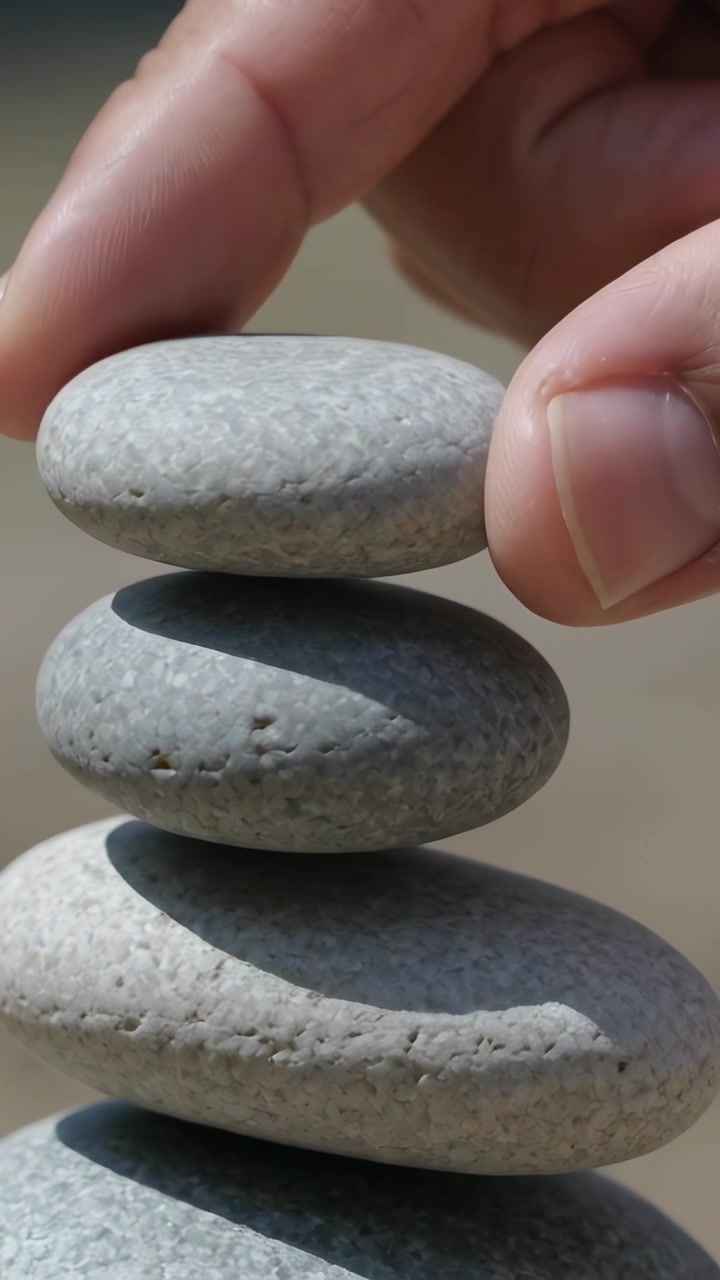 Video vertical: Mano adulta bajando y colocando una piedra en la orilla arenosa, equilibrando guijarros grises lisos.
