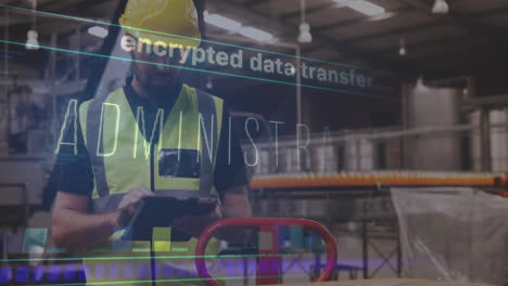 encrypted data transfer animation over worker using tablet in industrial warehouse