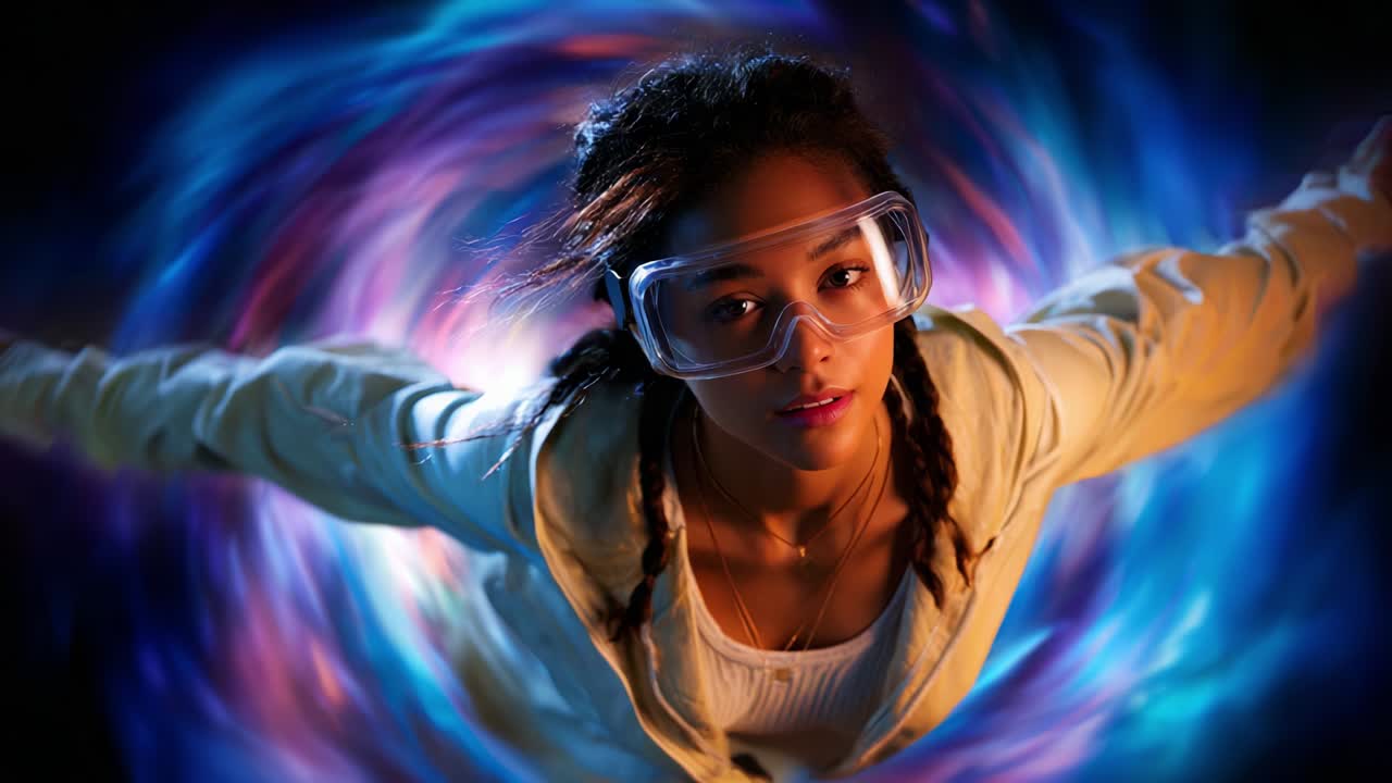 A dynamic visual representation of a young woman in motion, experiencing a vortex of colors and energy, embodying a sense of exploration and adventure in a surreal, cosmic environment that captures the imagination