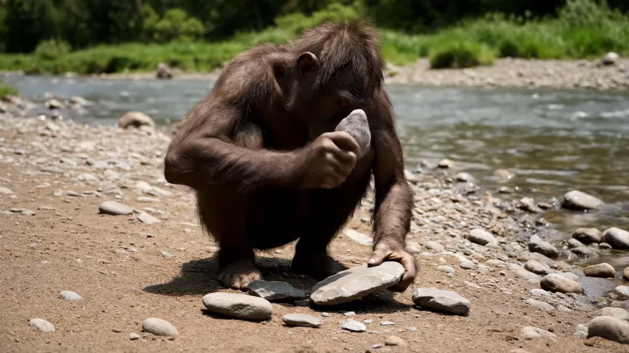 Ape using stone tools by the river