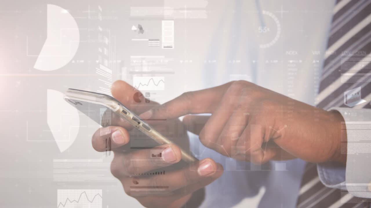 animación de estadísticas y procesamiento de datos sobre un empresario que usa un teléfono inteligente