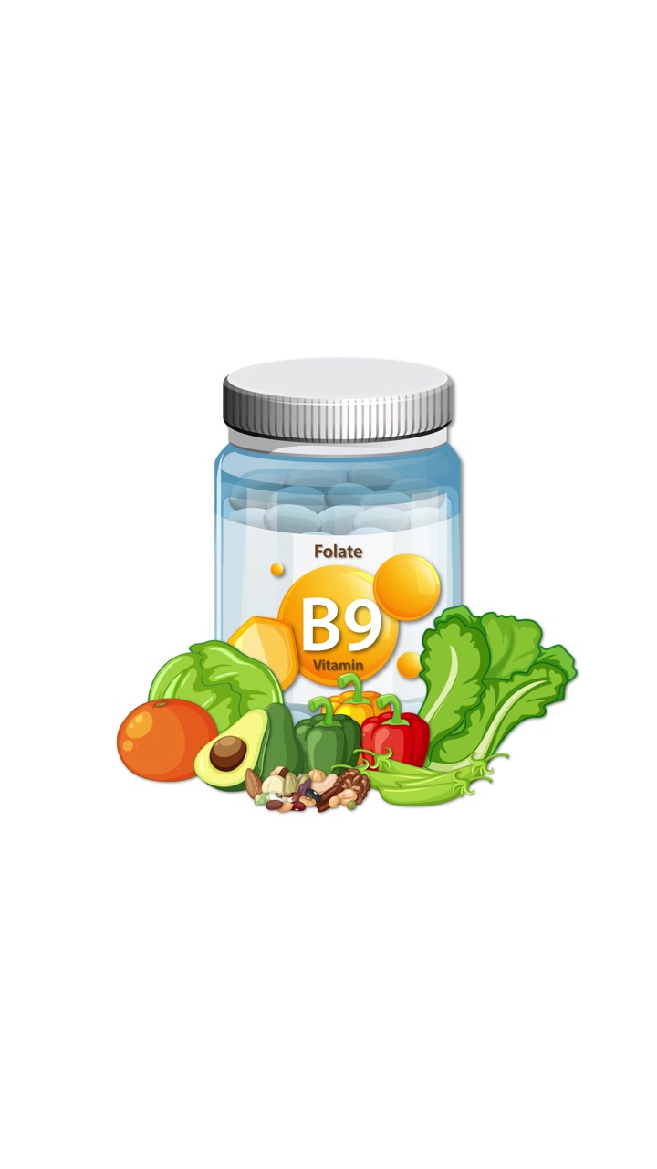 Bottiglia di vitamina B9 con verdure ricche di folati che appaiono gradualmente, sfondo bianco pulito, transizioni fluide.