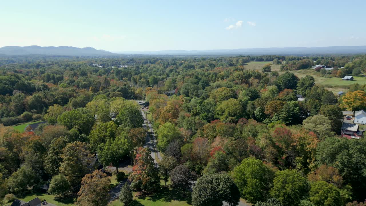 Drone shot of suburban part of Groff Park surrounded by forested environment, Amherst, Massachusetts, USA