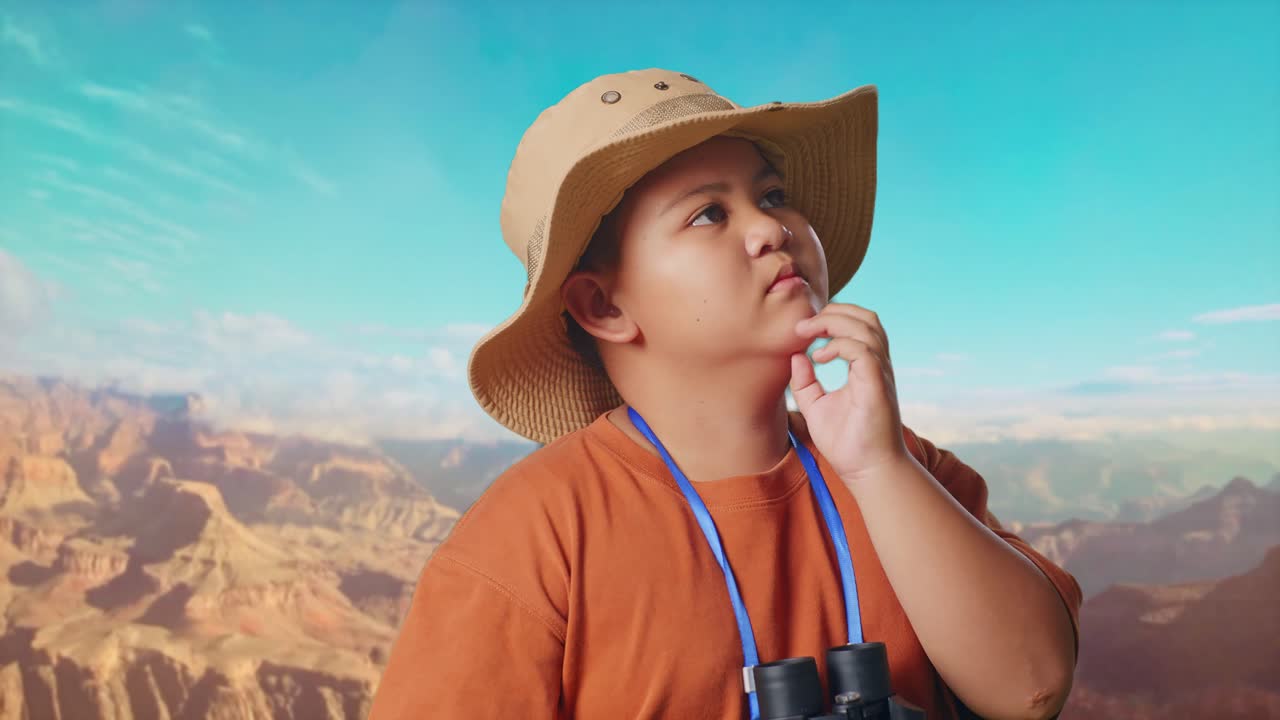 Asian Boy With A Hat And Binoculars Thinking About Something And Looking Around While Traveling At The Top Of Mountain. Boy Researcher, Travel Tourism Adventure Concept, Close Up
