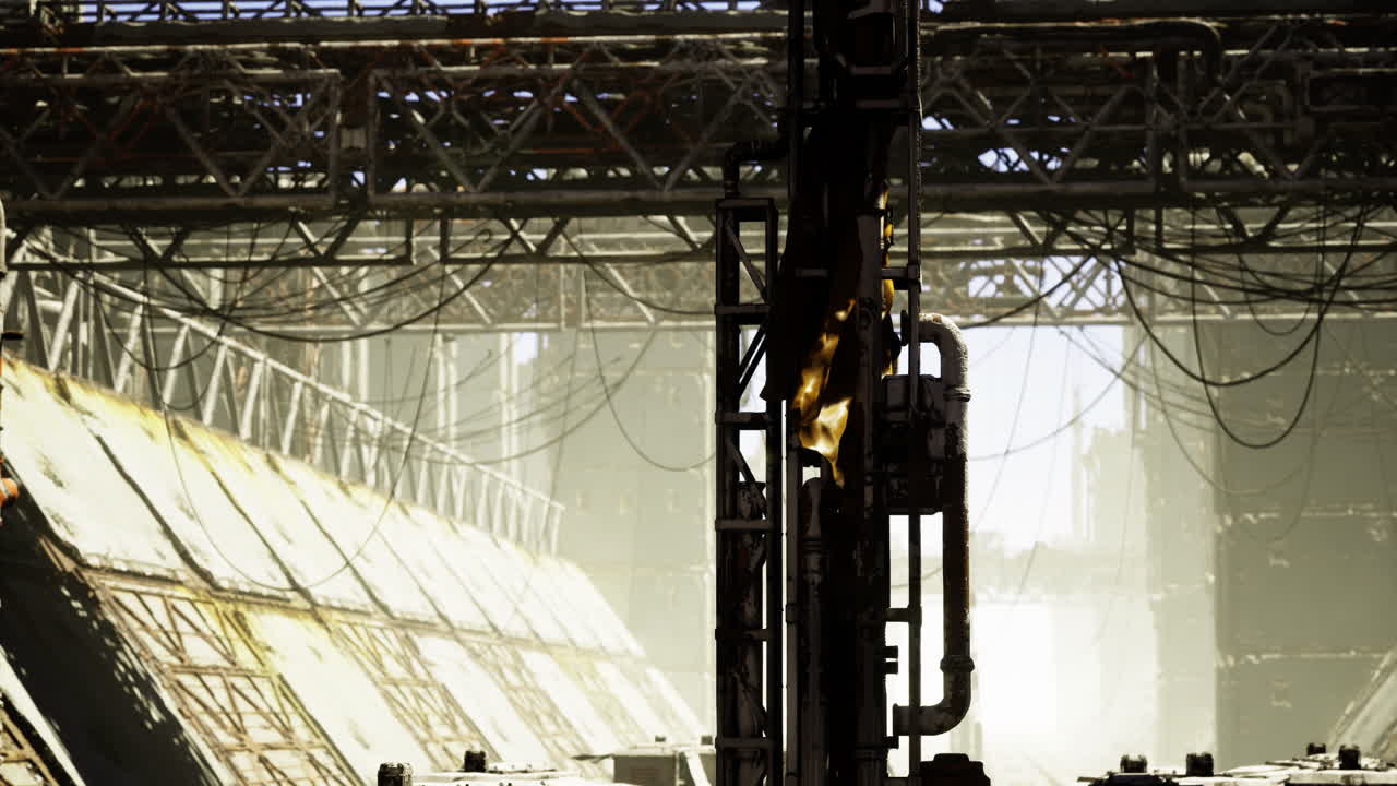 Sunlit industrial landscape with complex structures and cables
