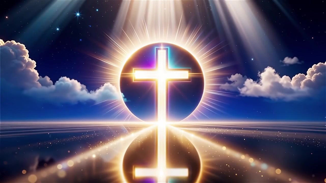 キリスト教の十字架と神聖な光が輝く礼拝用背景。