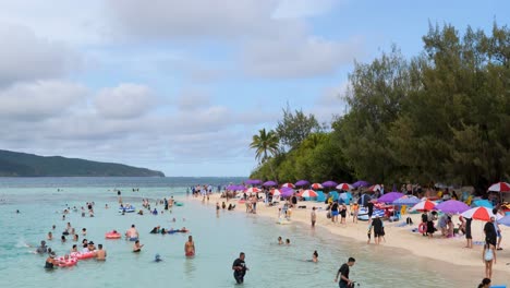 cruise ship passengers enjoying a day at the beach on the mystery island, vanuatu.