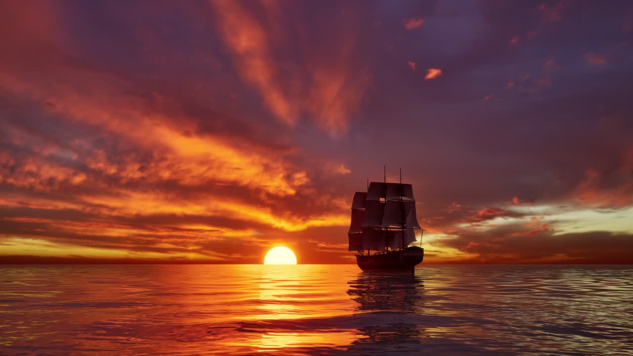 해가 지는 동안 바다에 있는 큰 중세 선박, 오래된 중세 배가 열린 바다에서 우아하게 항해한다.