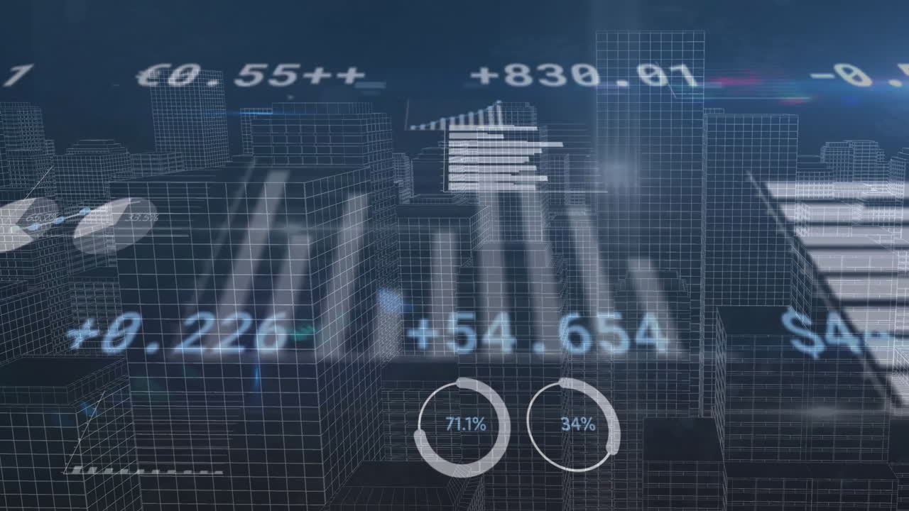 Animation of financial data processing over cityscape