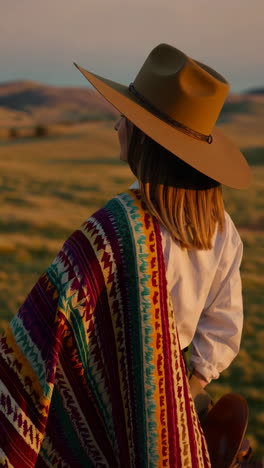cowgirl in poncho on horseback at sunset