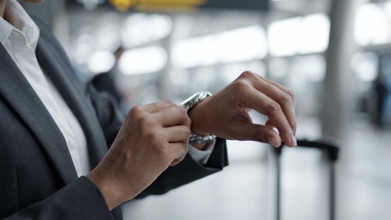 Professional Individual Adjusting Watch While Waiting at an Airport Terminal, Exhibiting Engagement and Anticipation for Upcoming Journey or Event