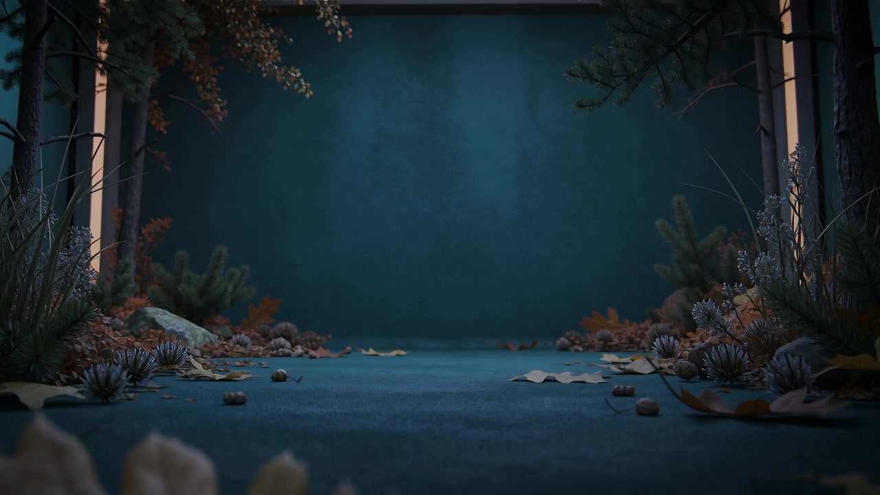 Pulling back camera, close-up showing glade on teal floor, glowing portal framing fallen oak leaf