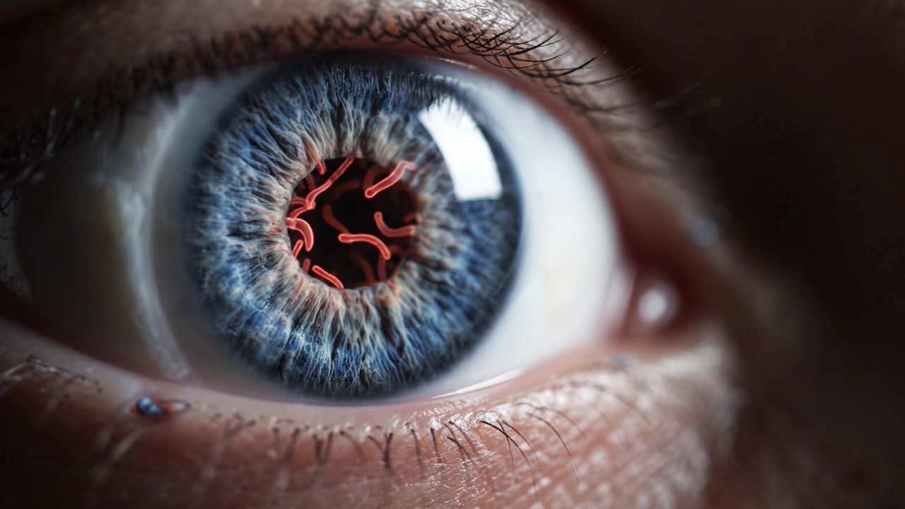 A Close-Up Perspective on an Eye Transitioning from Natural to Enhanced Features, Capturing the Intricacies of Color and Detail in Two Frames