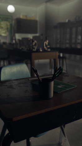 empty classroom desk with school supplies