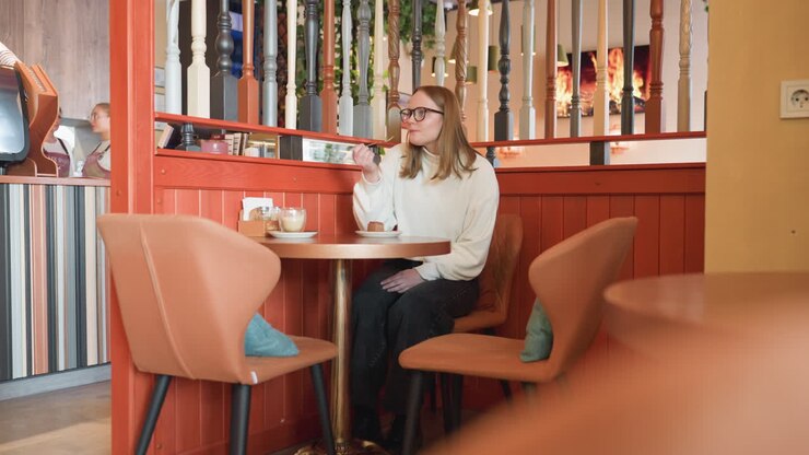 young woman in white sweater sitting alone at cafe table, calmly eating cake beside latte in wooden interior with warm lighting, tranquil atmosphere, and soft furnishings in stylish coffee bar