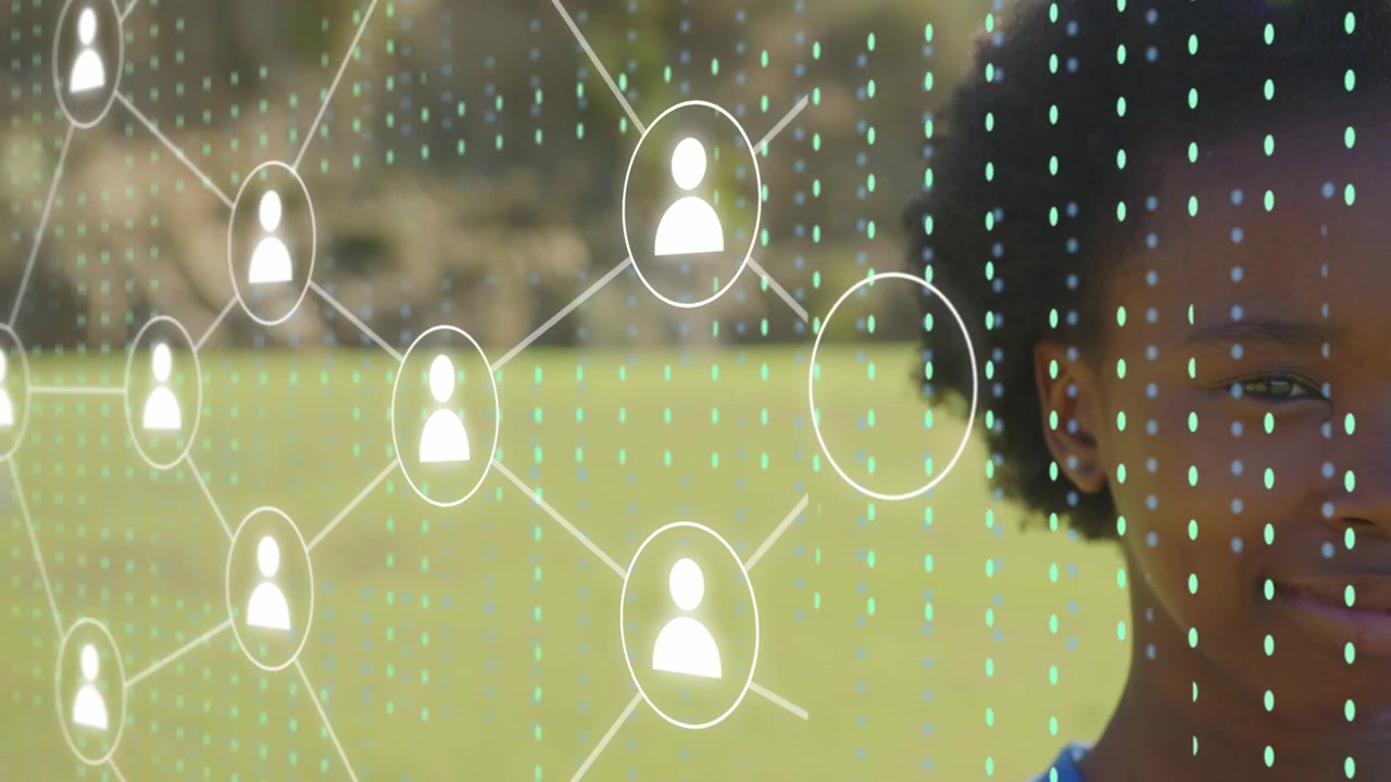 Pupil in sunlit field, circle popping left and growing network over face, showing learning links