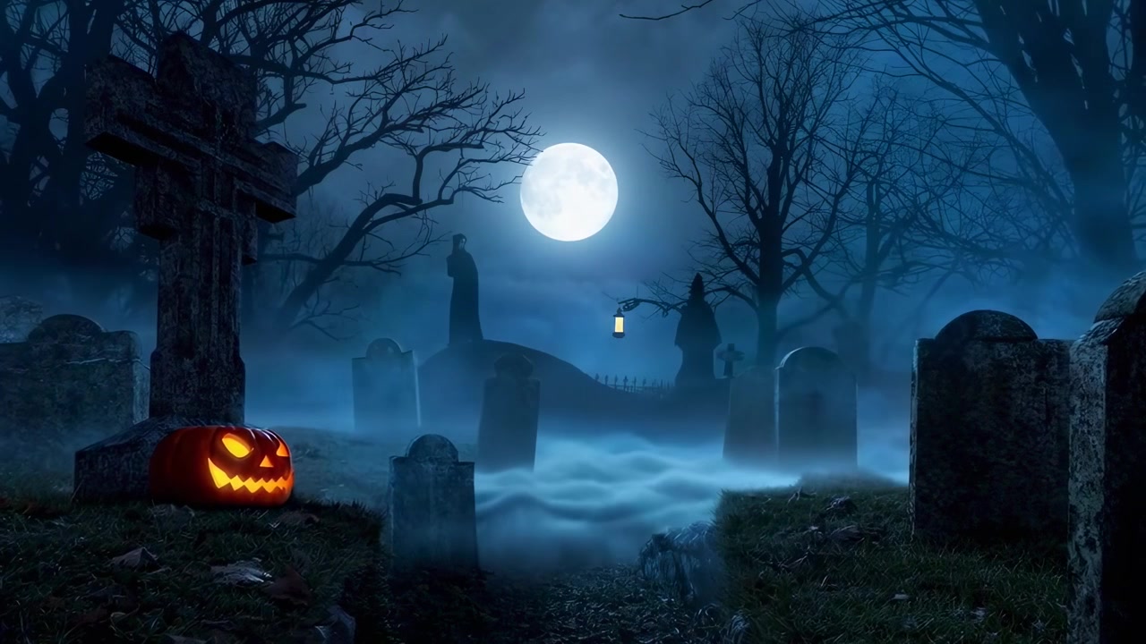 Cimitero spettrale di Halloween con zucca luminosa e luna piena.