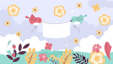 cute birds holding a banner in a floral garden