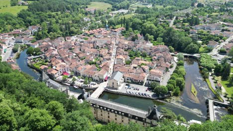 Panning-establishing-aerial-shot-Brantome-town-in-the-Dordogne-France