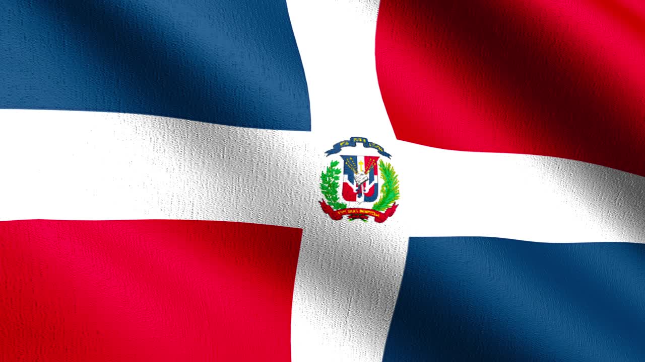 bucle sin costura 4k vdo. bandera nacional de la república dominicana soplando en el viento aislado. diseño abstracto patriótico oficial. ilustración de renderización 3d del símbolo del signo ondulante.