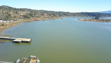 Aerial-drone-view-over-boat-docks-in-slough