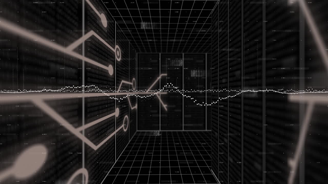 анимация обработки данных и диаграмм через цифровой туннель с соединениями